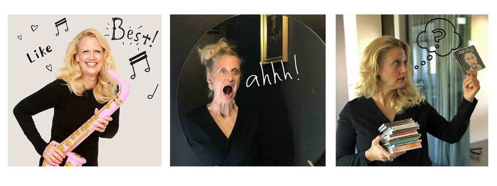 Barbara spielt Saxophon, Barbara schaut in den Spiegel, Barbara sieht sich CDs an