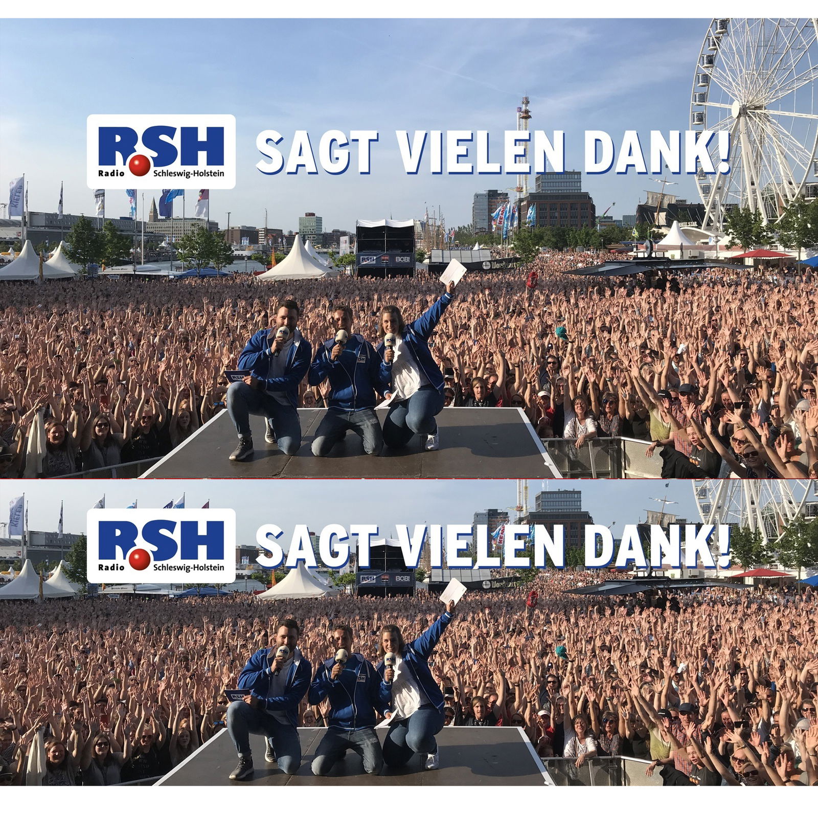 Carmen, Voller und Matze aus der Wachmittmann Show knien nebeneinander auf einer Bühne. Hinter ihnen ist eine Menschenmenge, die die Hände in die Höhe streckt.