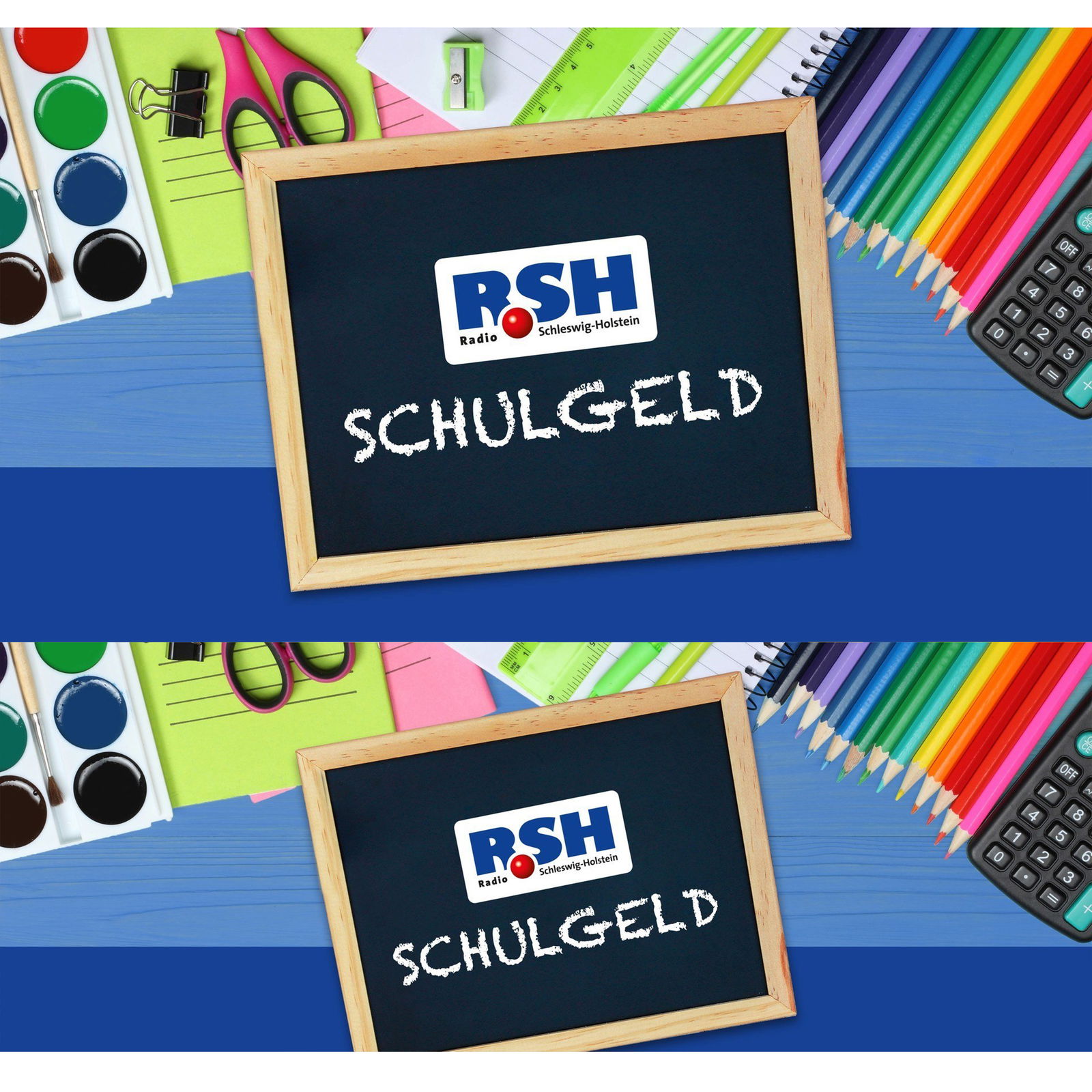 Auf einem blauen Tisch liegen mehrere Schulutensilien. In der Mitte liegt eine kleine Tafel auf der "RSH Schulgeld" geschrieben steht.