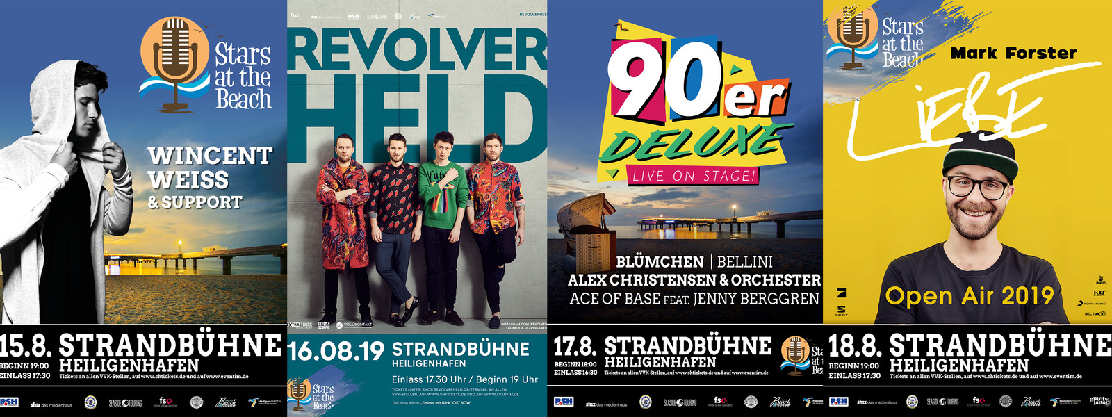 Eine Grafik zeigt vier Plakate von unterschiedlichen Veranstaltungen.