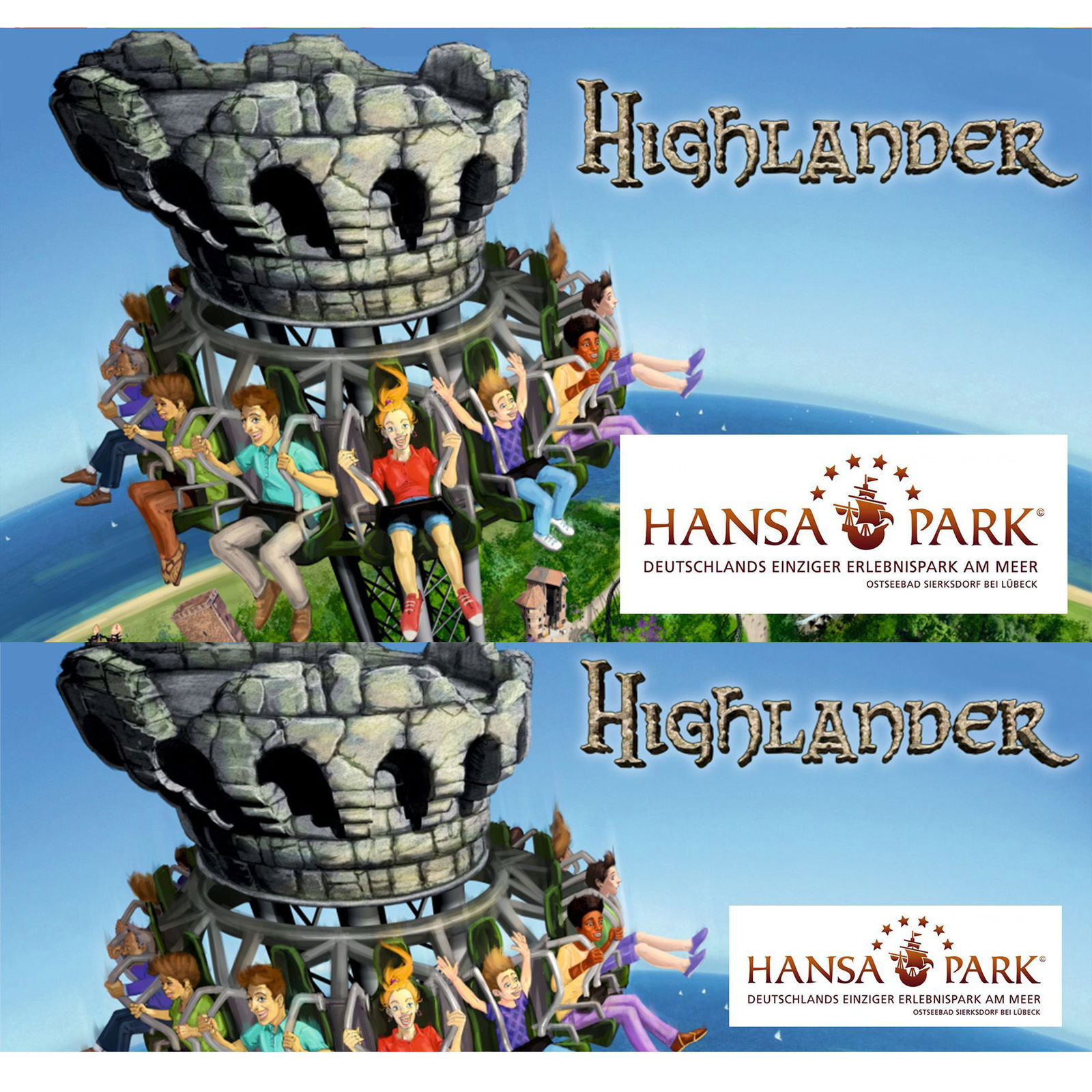 Eine Gruppe von Menschen sitzt in einem Fahrgeschäft in einem Freizeitpark.