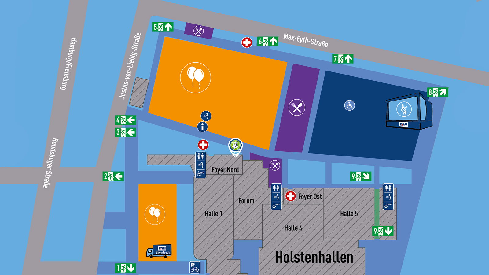 Ein bunte Grafik zeigt einen Lageplan der Veranstaltung RSH Kindertag in Neumünster, an den Holstenhallen.
