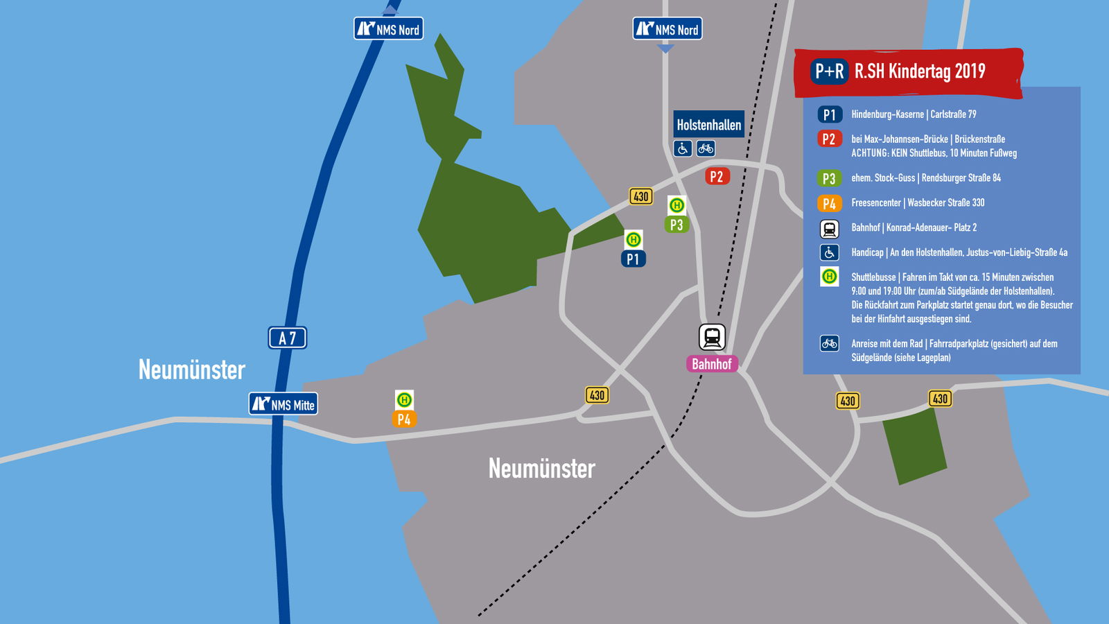 Eine Kartengrafik zeigt die verschiedenen Anfahrtsmöglichkeiten zum R.SH-Kindertag Gelände an den Holstenhallen in Neumünster. Rechts im Bild ist eine Legende aufgeführt, die die jeweiligen Abkürzungen und Hinweise der Abbildung erklärt.