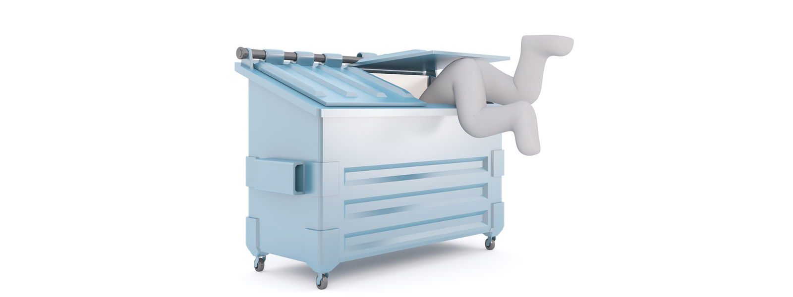 Ein Comicmännchen steckt kopfüber in einen Container