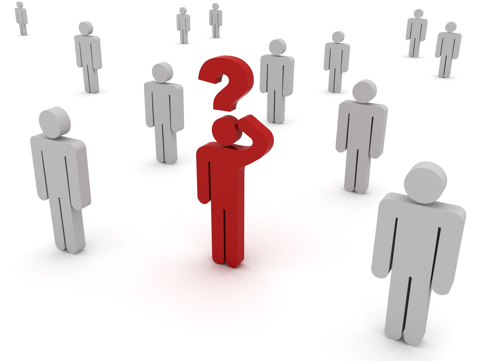 Eine rote Figur steht zwischen mehrere grauen Figuren. Über ihrem Kopf ist ein rotes Fragezeichen. 