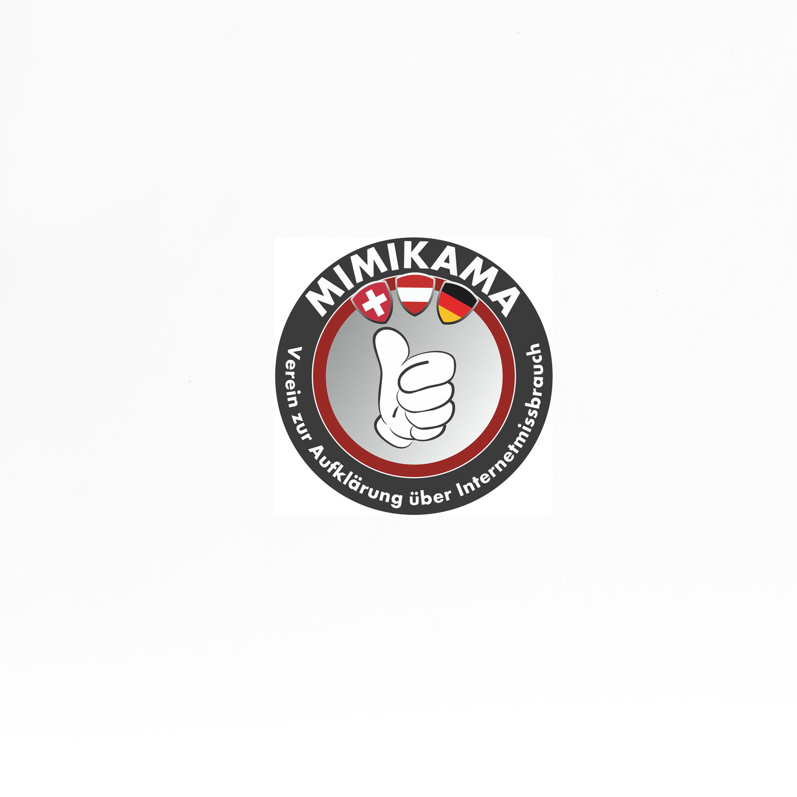 In einem grauen Kreis steht MIMIKAMA - Verein zur Aufklärung über Internetmissbrauch. Oben sind die Wappen von der Schweiz, Österreich und Deutschland. In der Mitte ist eine Hand, die einen "Daumen hoch" zeigt.