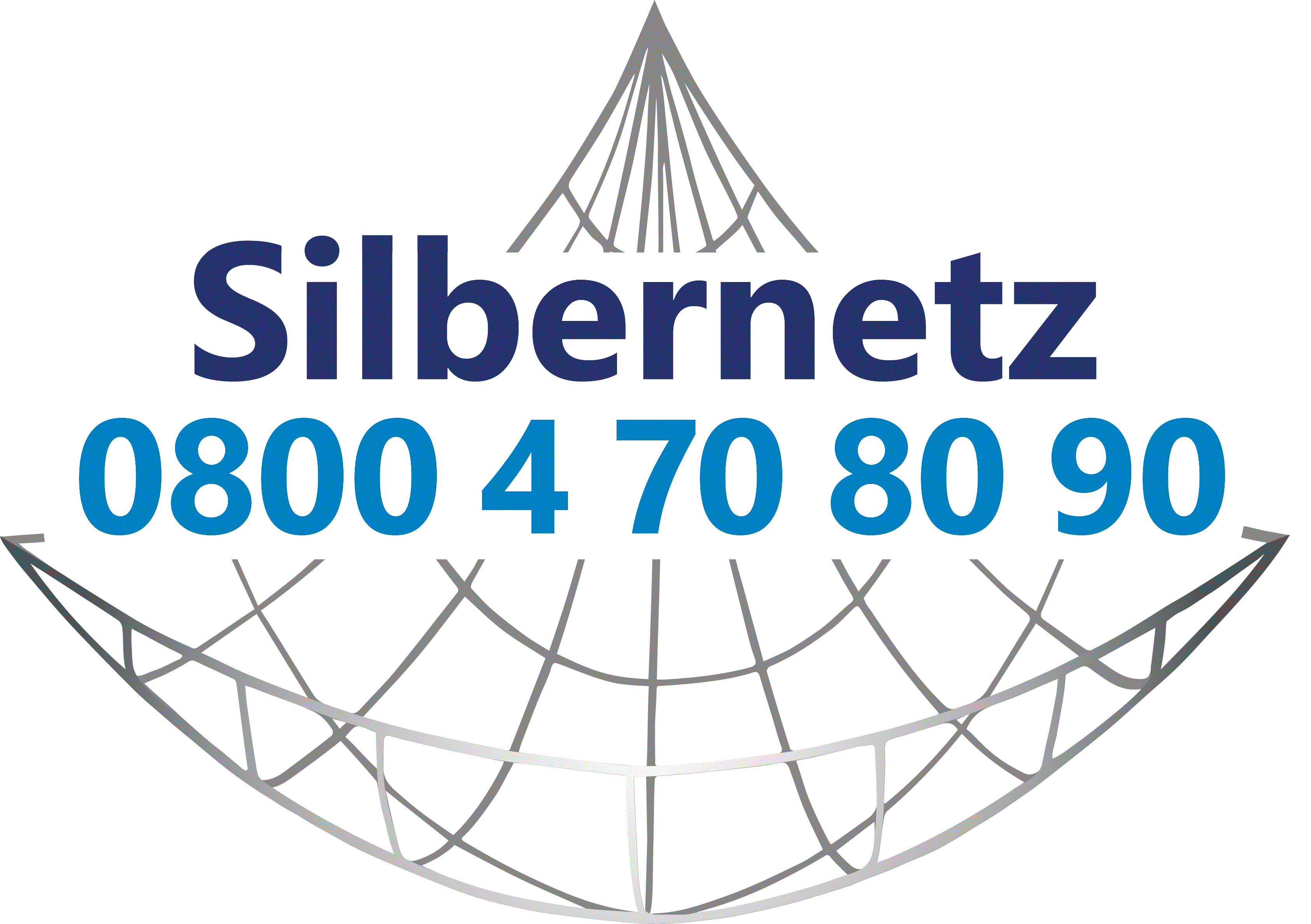 Auf einem weißen Hintergrund ist ein silbernes Netz abgebildet. Im Vordergrund steht in dunkelblauen Buchstaben "Silbernetz". Darunter steht in hellblau eine Telefonnummer. 
