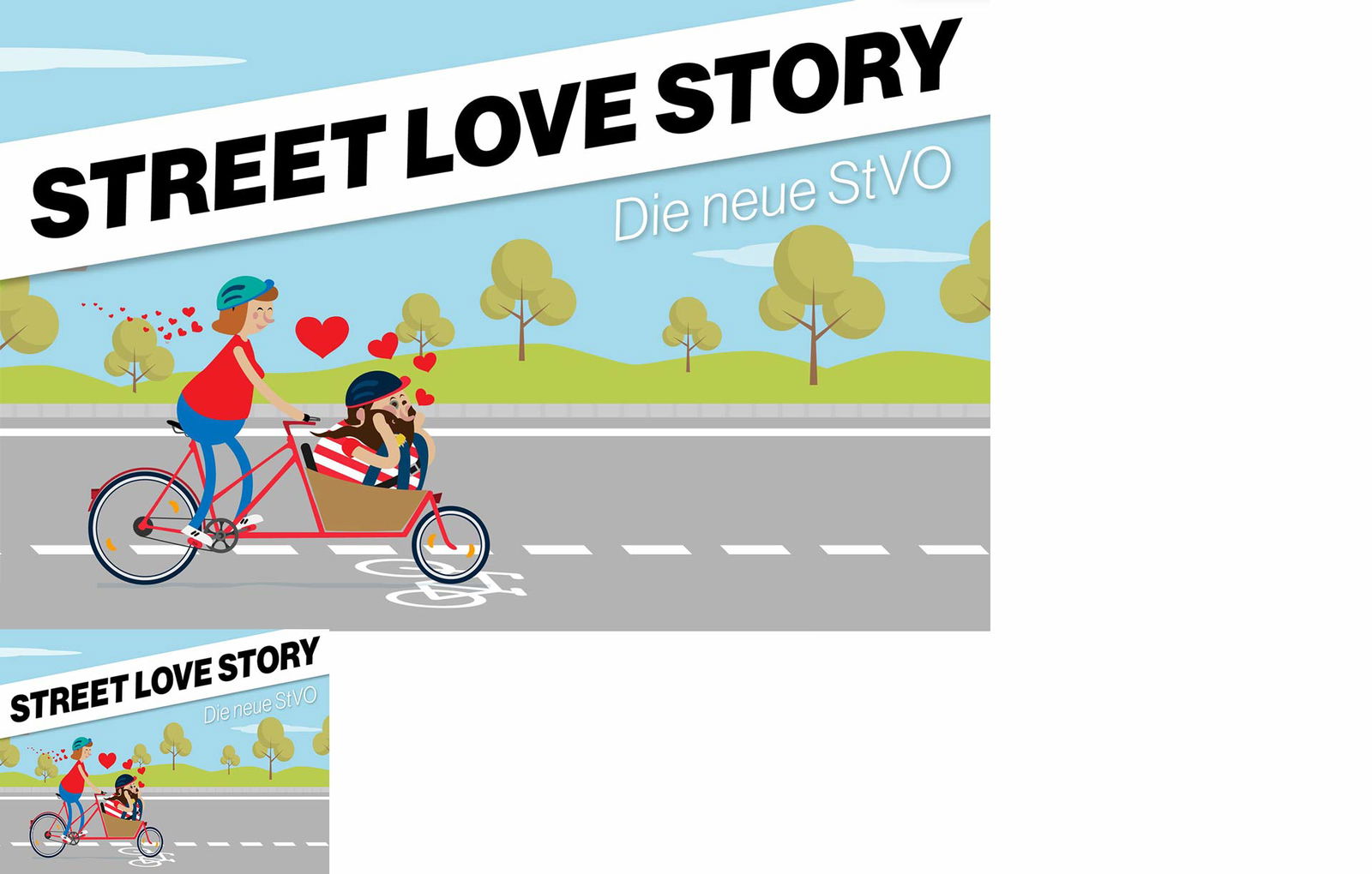 Eine Comicfigur fährt auf einem Fahrrad mit einer anderen Figur vor sich in einem großen Fahrradkorb auf einer Bundesstraße entlang.