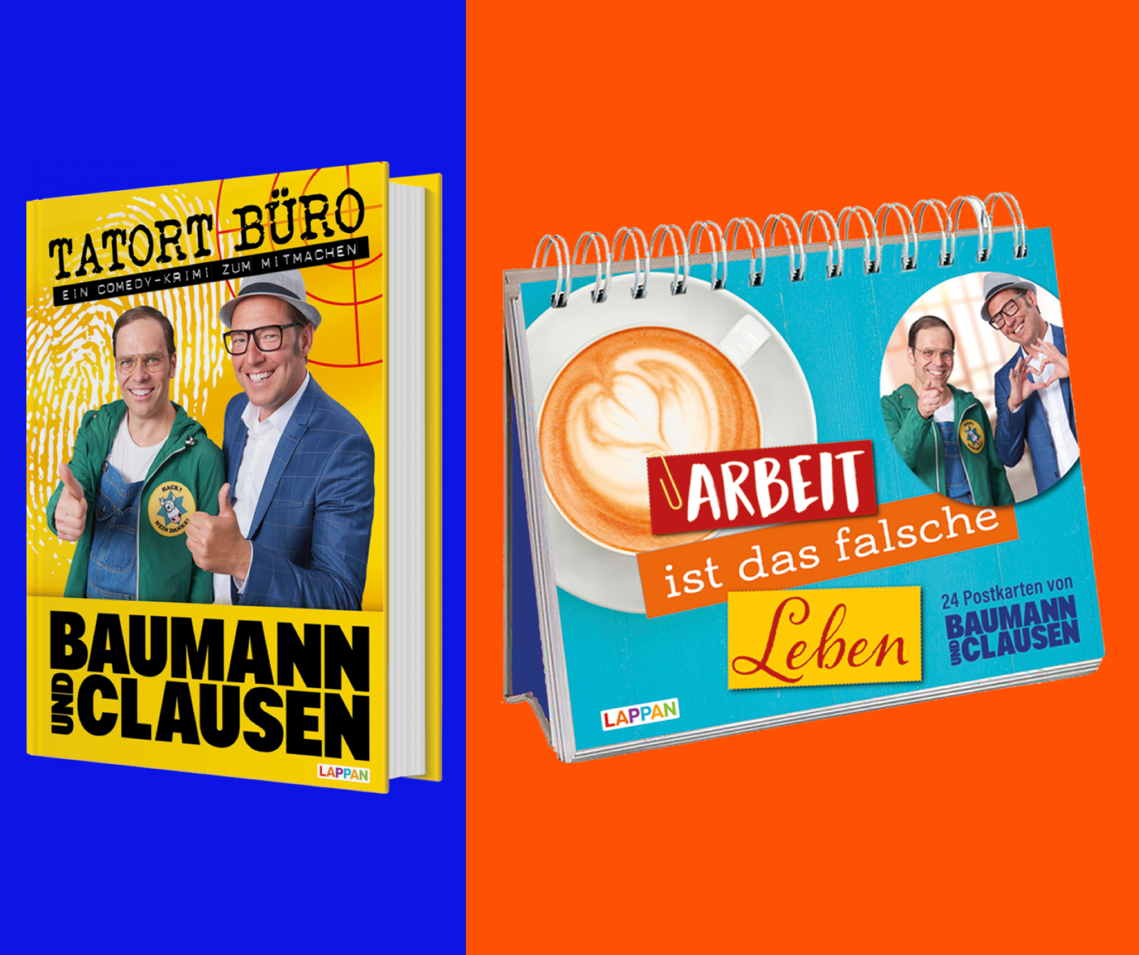 Auf einem bunten Hintergrund ist auf der linken Seite ein Buch mit dem Namen Tatort Büro. Rechts ein Postkartenaufsteller.