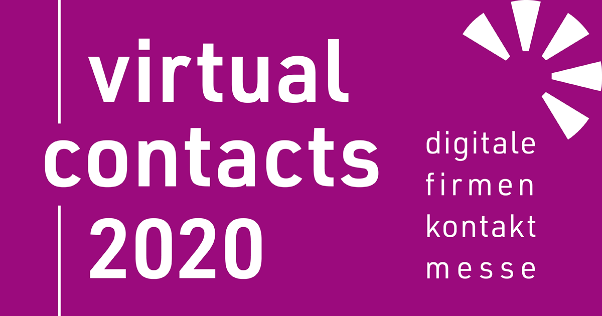 Auf violettem Hintergrund steht in weißen Buchstaben "virtual contacts 2020 - digitale firmen kontakt messe".