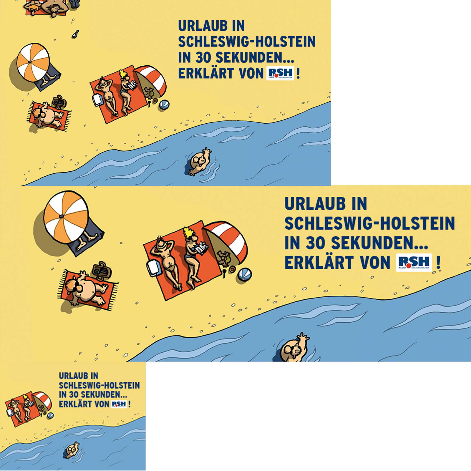 Komikzeichnung, mit Blick auf einen Strand von oben. Mehrer Personen liegen auf ihren Strandlaken und unter Sonnenschirmen. Eine Person schwimmt im Wasser. 