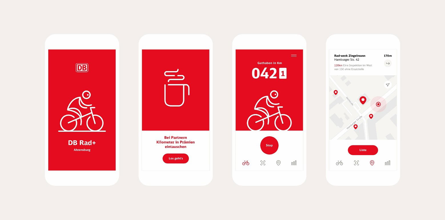 Auf vier Smartphones ist eine App geöffnet. Auf dem ersten Handy ist ein Fahrradfahrer abgebildet, das zweite zeigt einen Kaffee und im dritten werden geradelte Kilometer angezeigt. Das vierte Smartphone zeigt eine Straßenkarte.