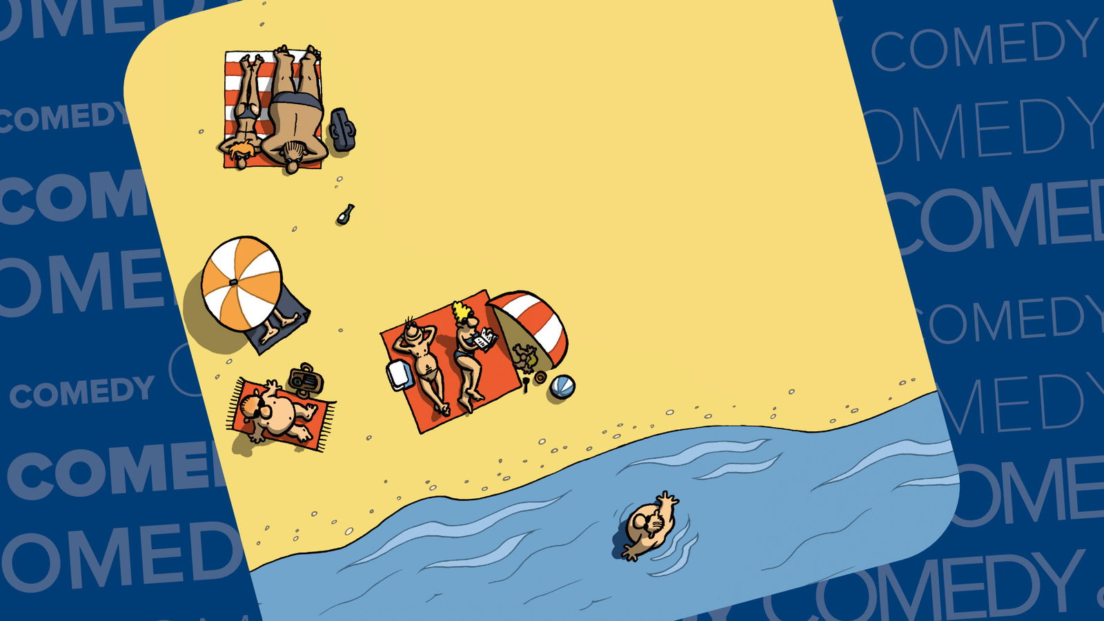 Ein belebter Strand im Sommer als Komikzeichnung.