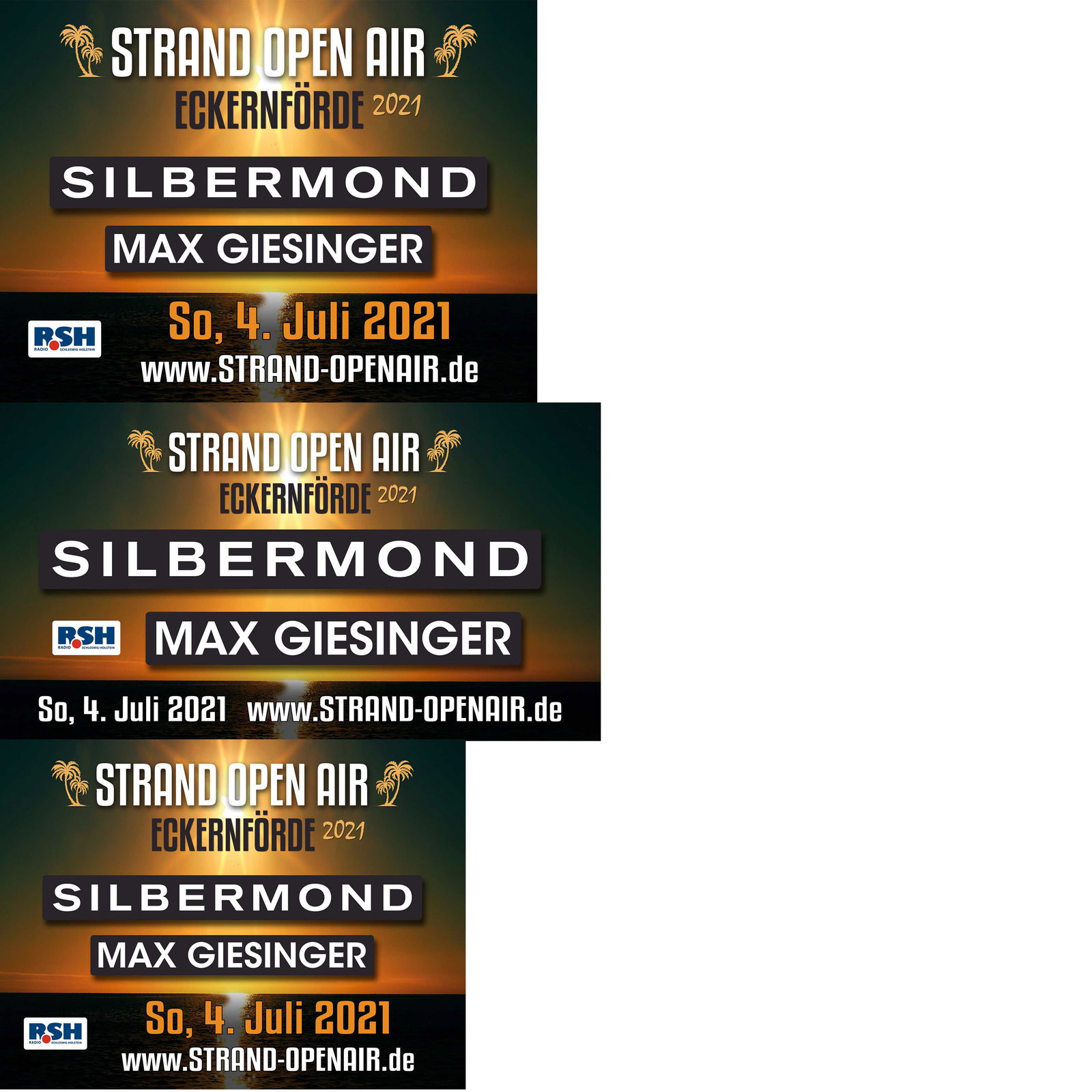 Zwei Musikacts sind übereinander auf einem Plakat angeordnet. Über ihnen steht der Name der Veranstaltung. Unter ihnen die Daten zur Veranstaltung. Im Hintergrund des Plakats ist ein Sonnenuntergang.