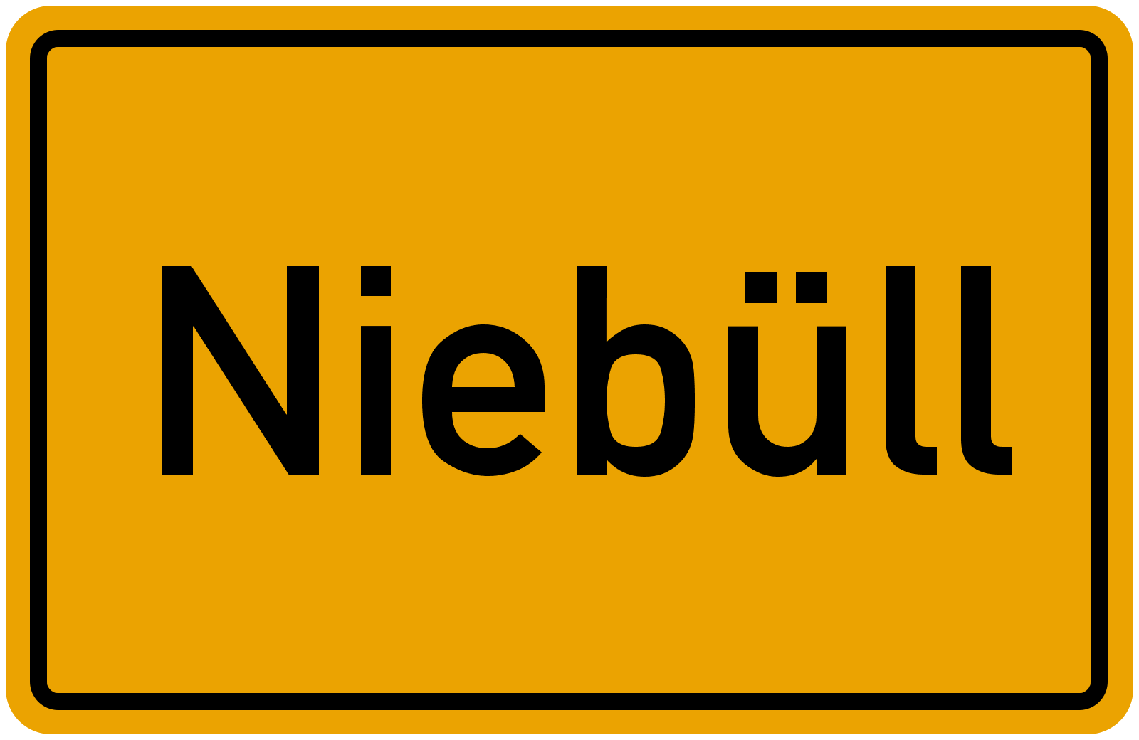 Ein gelbes Ortsschild mit der Aufschrift Niebüll.