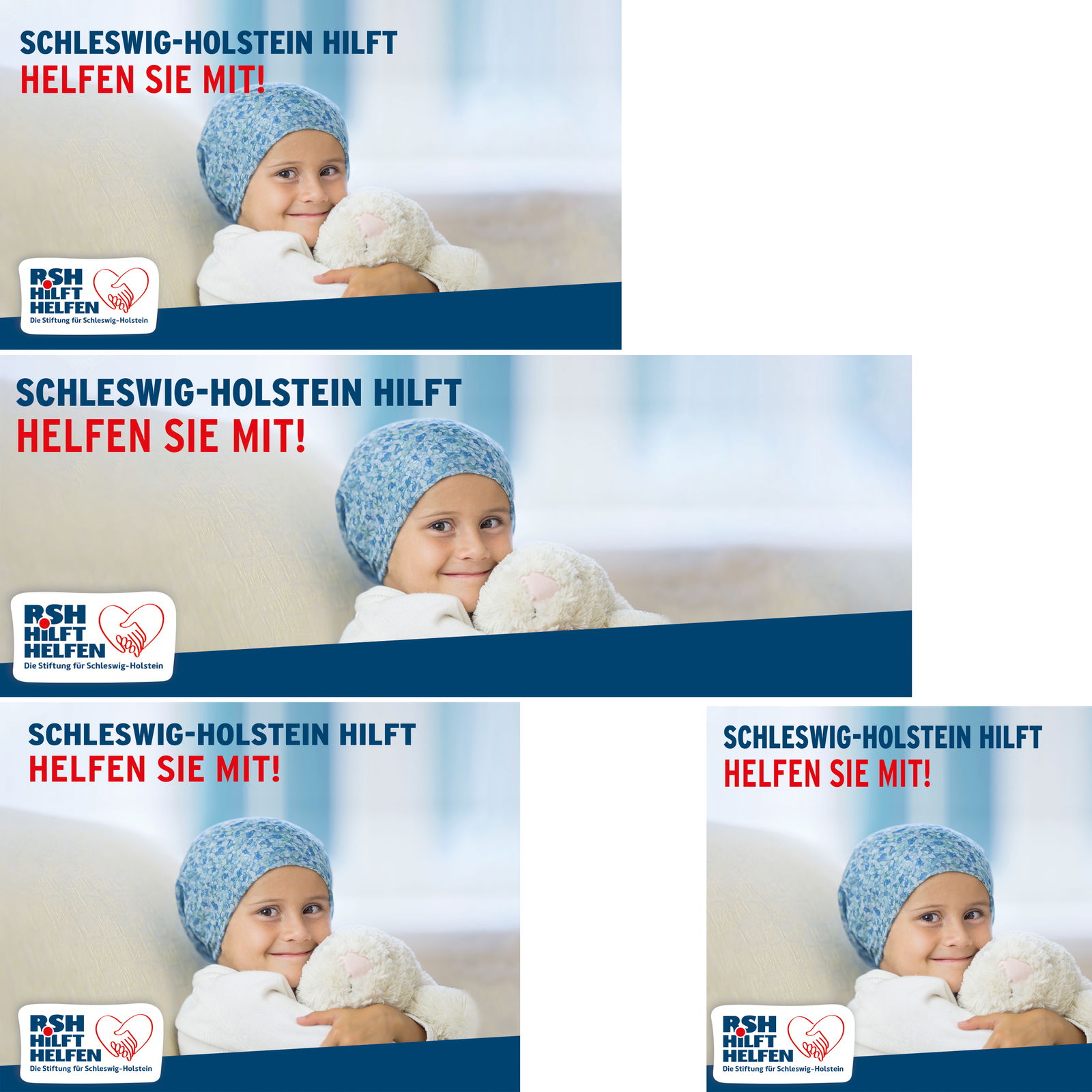 Ein Kind mit Mütze und Kuscheltier in der Hand lächelt in die Kamera. Darüber steht "Schleswig-Holstein hilft - Helfen Sie mit!"