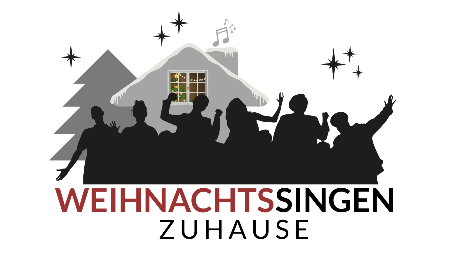 Vor einem weihnachtlich geschmückten Haus singen Frauen und Männer zusammen. Unter dem Bild steht "Weihnachtssingen Zuhause".