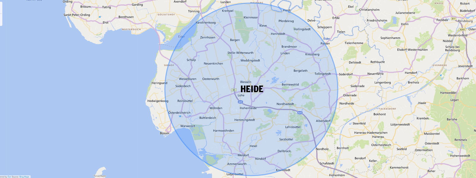 Auf einer Landkarte ist ein Kreis gezogen, der einen 15-Kilometer-Radius kennzeichnet.