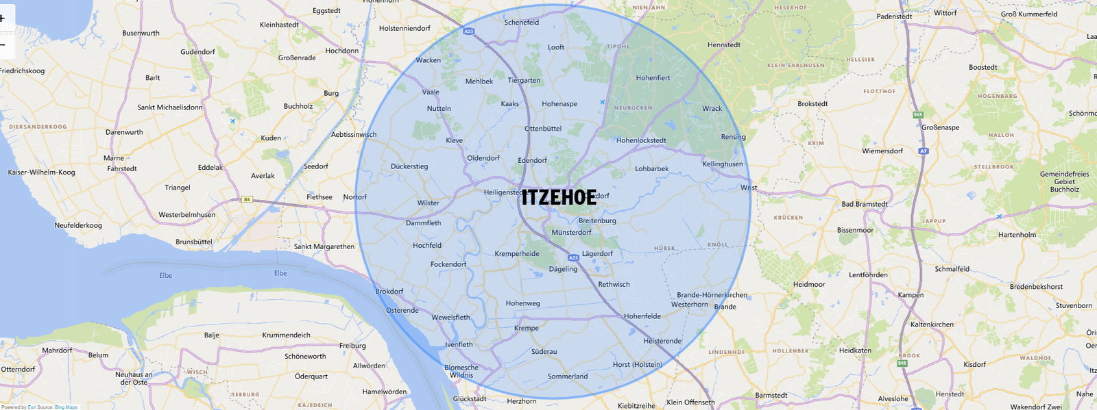 Auf einer Landkarte ist ein Kreis gezogen, der einen 15-Kilometer-Radius kennzeichnet.