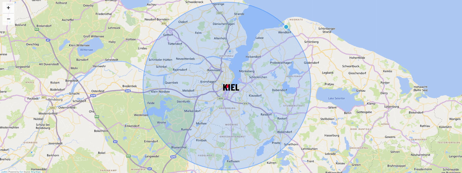 Auf einer Landkarte ist ein Kreis gezogen, der einen 15-Kilometer-Radius kennzeichnet.