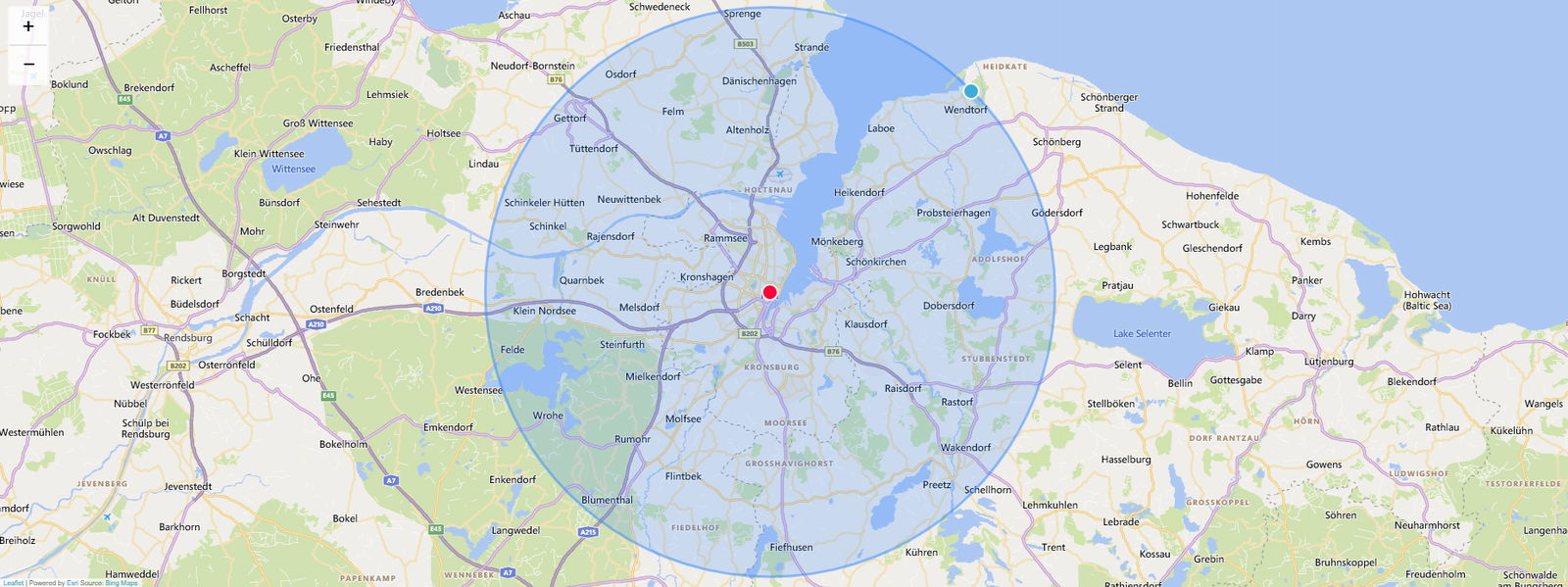Auf einer Landkarte ist ein Kreis gezogen, der einen 15-Kilometer-Radius kennzeichnet.