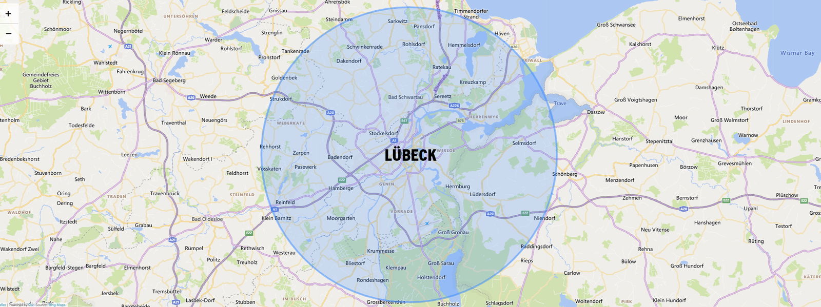 Auf einer Landkarte ist ein Kreis gezogen, der einen 15-Kilometer-Radius kennzeichnet.