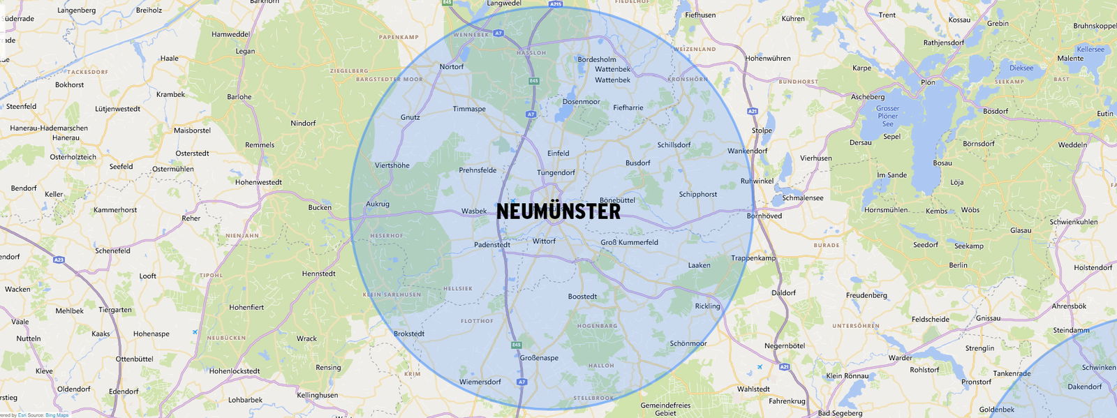 Auf einer Landkarte ist ein Kreis gezogen, der einen 15-Kilometer-Radius kennzeichnet.