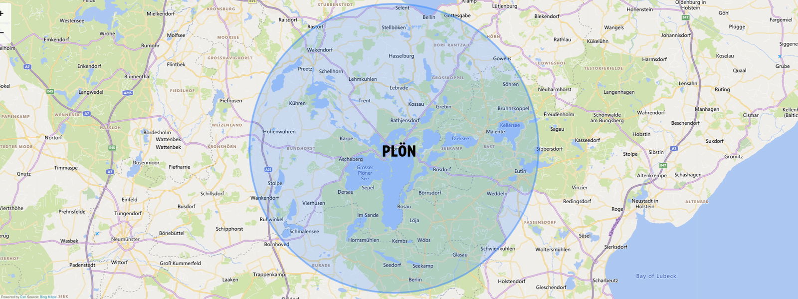 Auf einer Landkarte ist ein Kreis gezogen, der einen 15-Kilometer-Radius kennzeichnet.