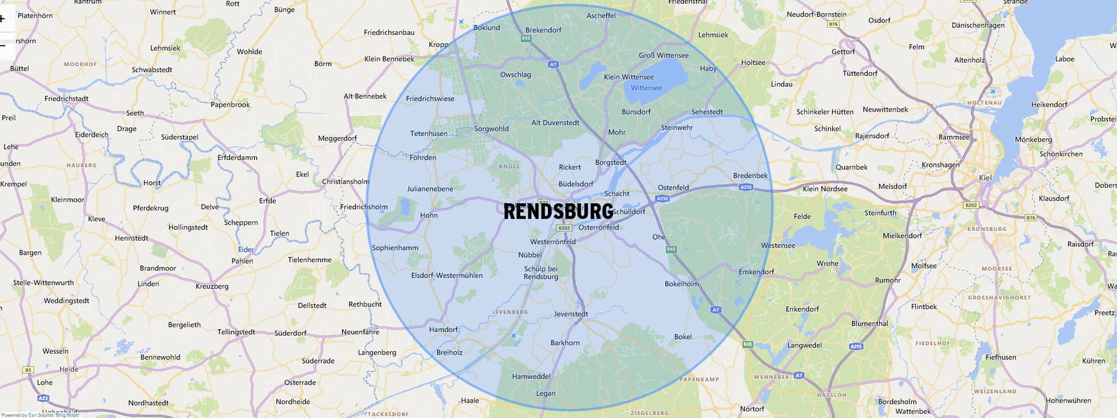 Auf einer Landkarte ist ein Kreis gezogen, der einen 15-Kilometer-Radius kennzeichnet.