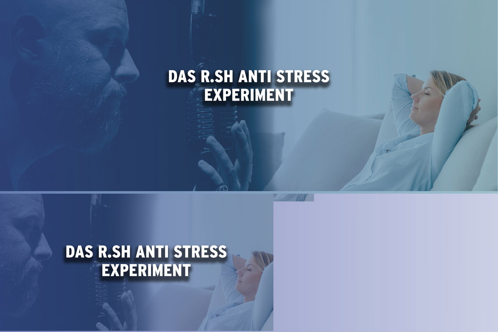 In der linken Bildhäfte ist das Gesicht eines bärtigen Mannes zu sehen, der ein Mikrofon in der Hand hält. Rechts sitzt eine Frau mit geschlossenen Augen und hinter dem Kopf verschränkten Armen auf einem Sofa.