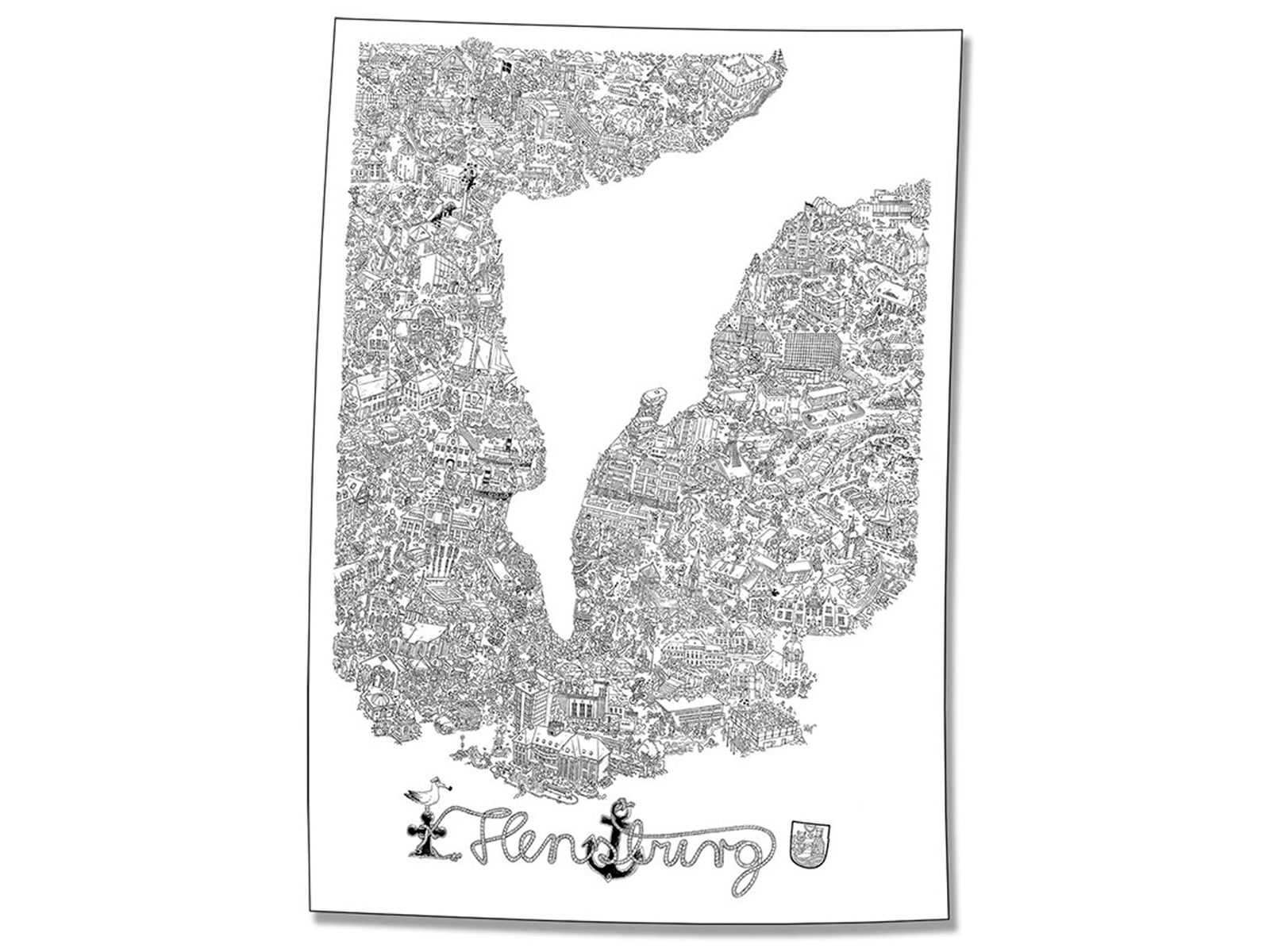 Viele kleine Szenen ergeben die Silhouette der Flensburger Förde. Darunter steht "Flensburg".