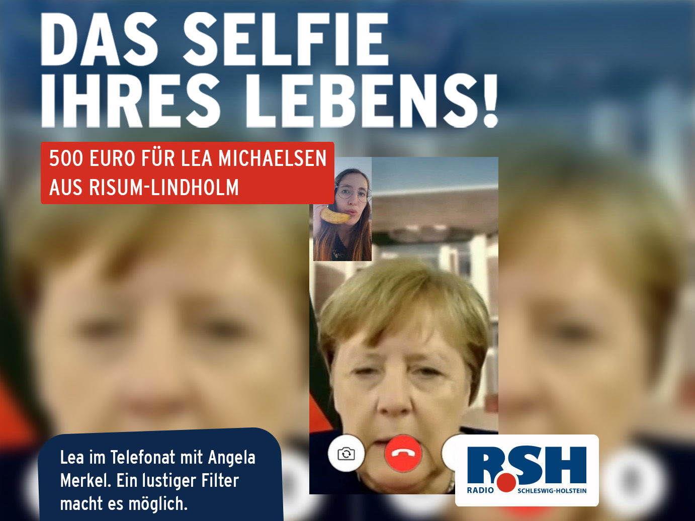 Ein Frau mit Banane am Ohr in einem Telefonat mit Angela Merkel