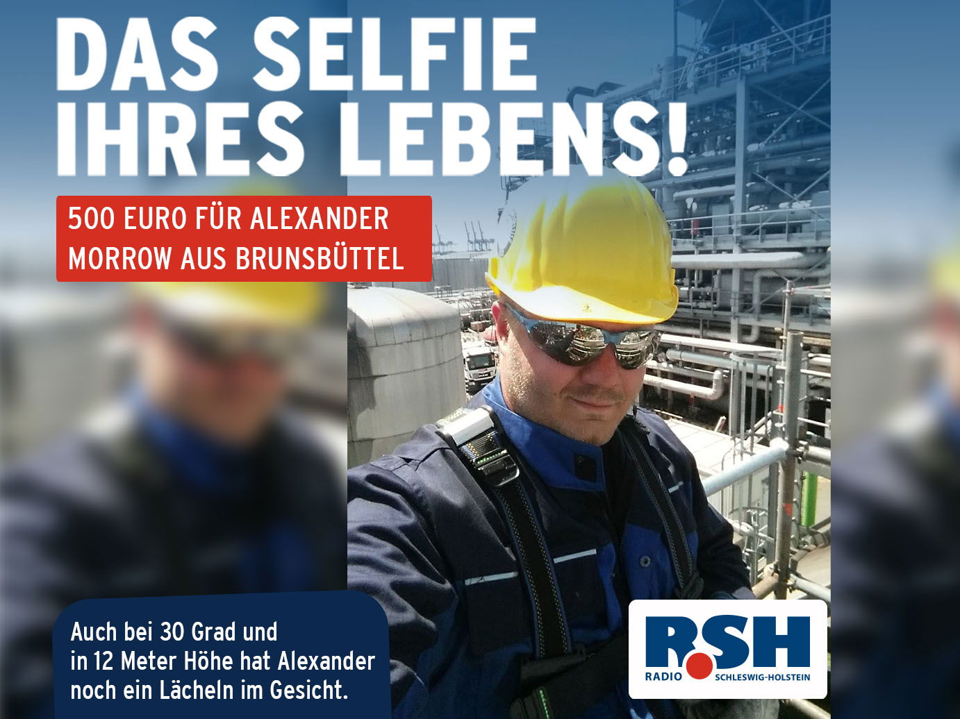 Ein Mann in Sicherheitskleidung und Sonnenbrille lächelt in die Kamera