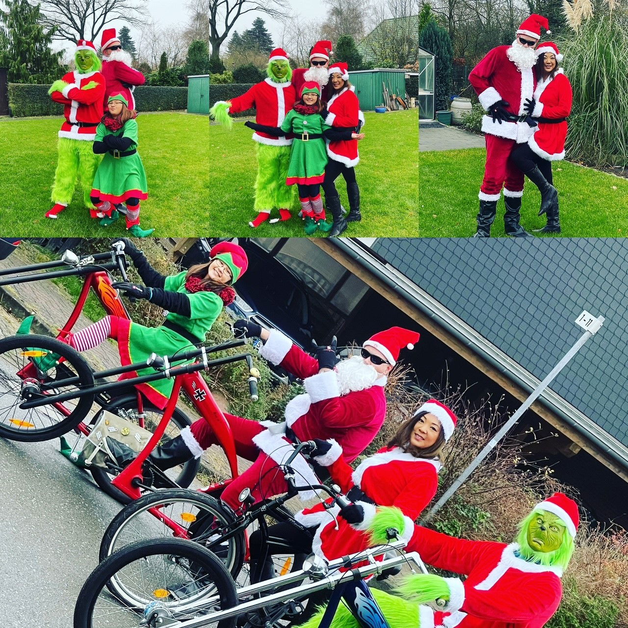 Auf vier Fahrrädern sitzen weihnachtlich verkleidete Menschen und lachen in die Kamera.