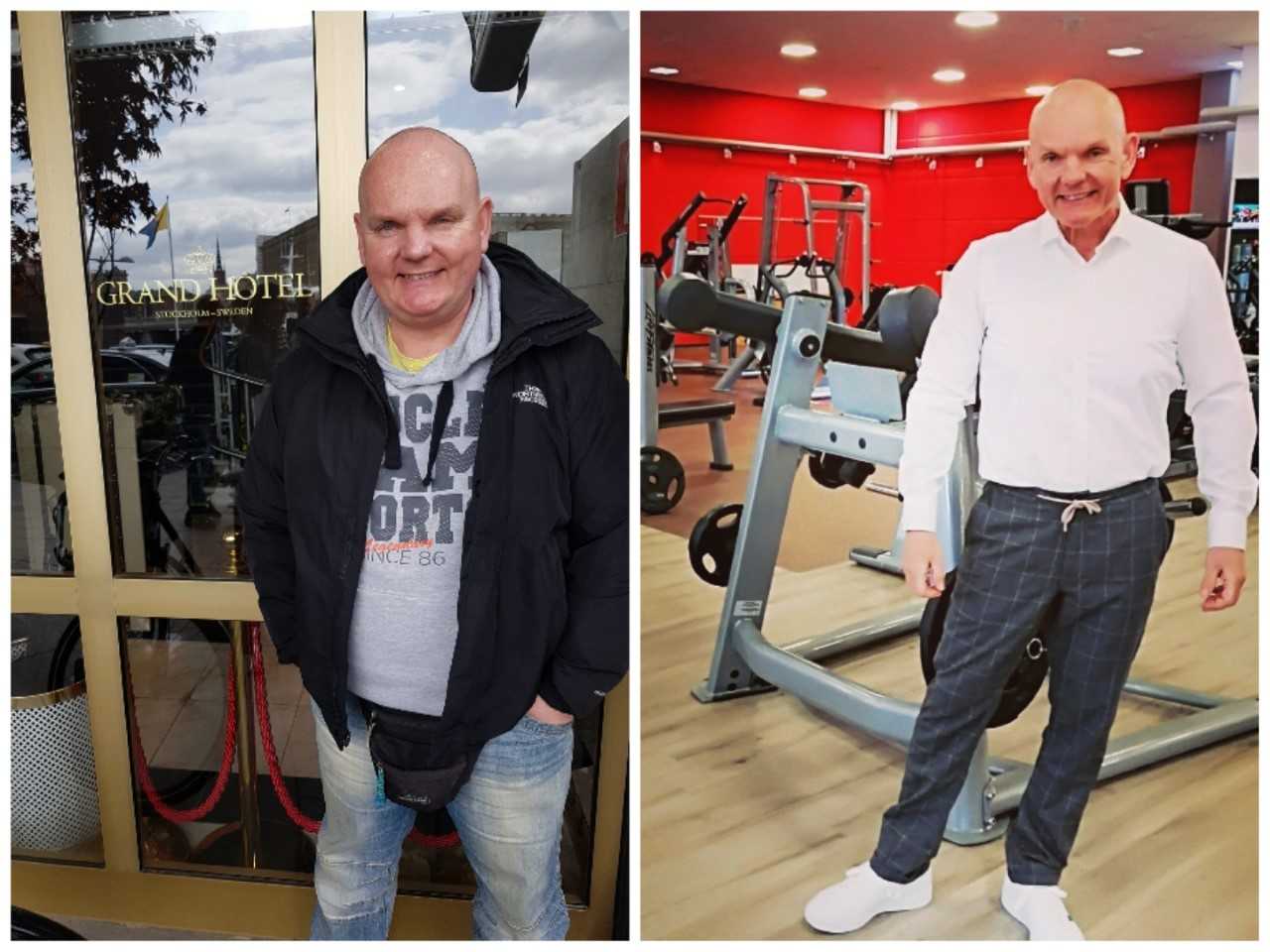 Ein Vorher-Nachher-Bild von einem übergewichtigen und schlanken Mann.