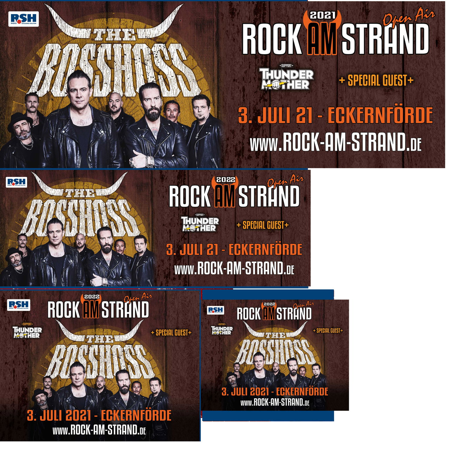 Sieben Männer in Lederjacke stehen gemeinsam vor einem leicht beleuchteten dunklen Hintergrund und gucken in die Kamera.