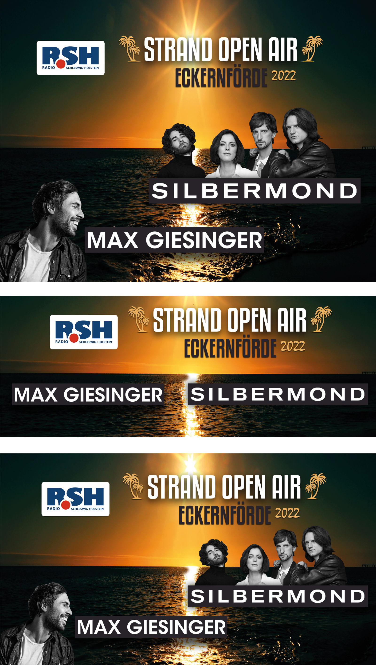 Vor Sonnenuntergang sind die Bilder von Silbermond und Max Giesinger und der Schriftzug Strand Open Air zu sehen.