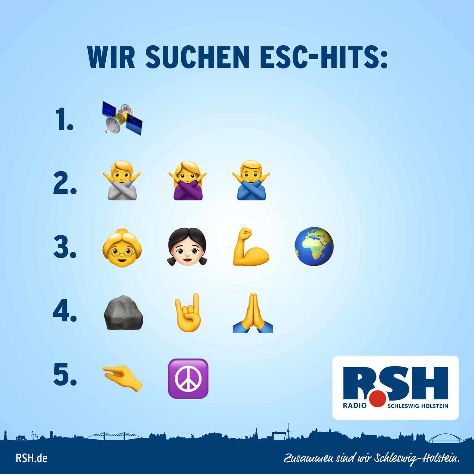 Auf blauem Hintergrund sind fünf ESC-Hits mit Emojis zu sehen.