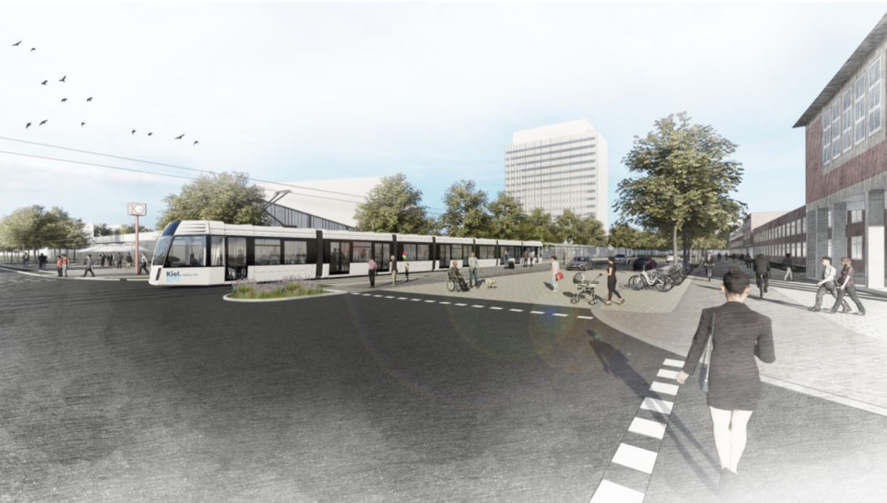 Ein Zukunftskonzept der Stadt Kiel mit einer Straßenbahn
