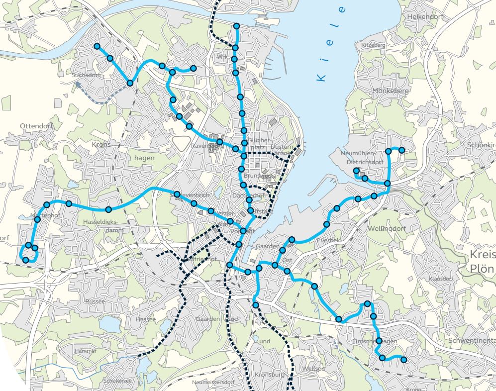 Plan der Stadt Kiel mit möglichen Verbindungen der Straßenbahn