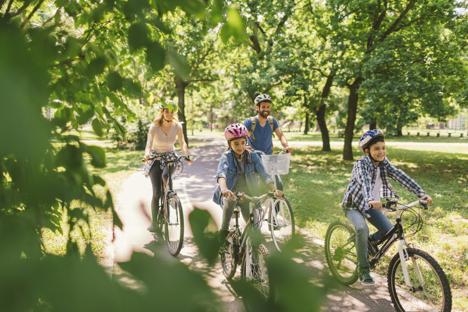 Eine Familie fährt auf Fahrrädern durch einen sonnigen Park.