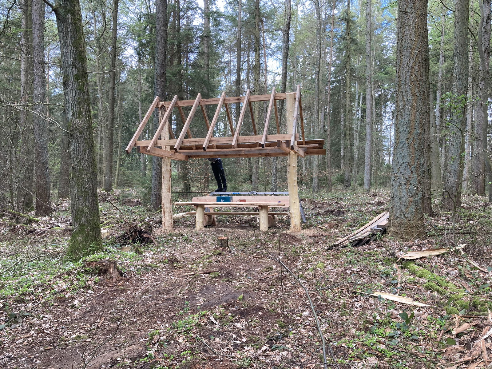 Die "Crewbank" steht im Wald und bekommt ein Dach